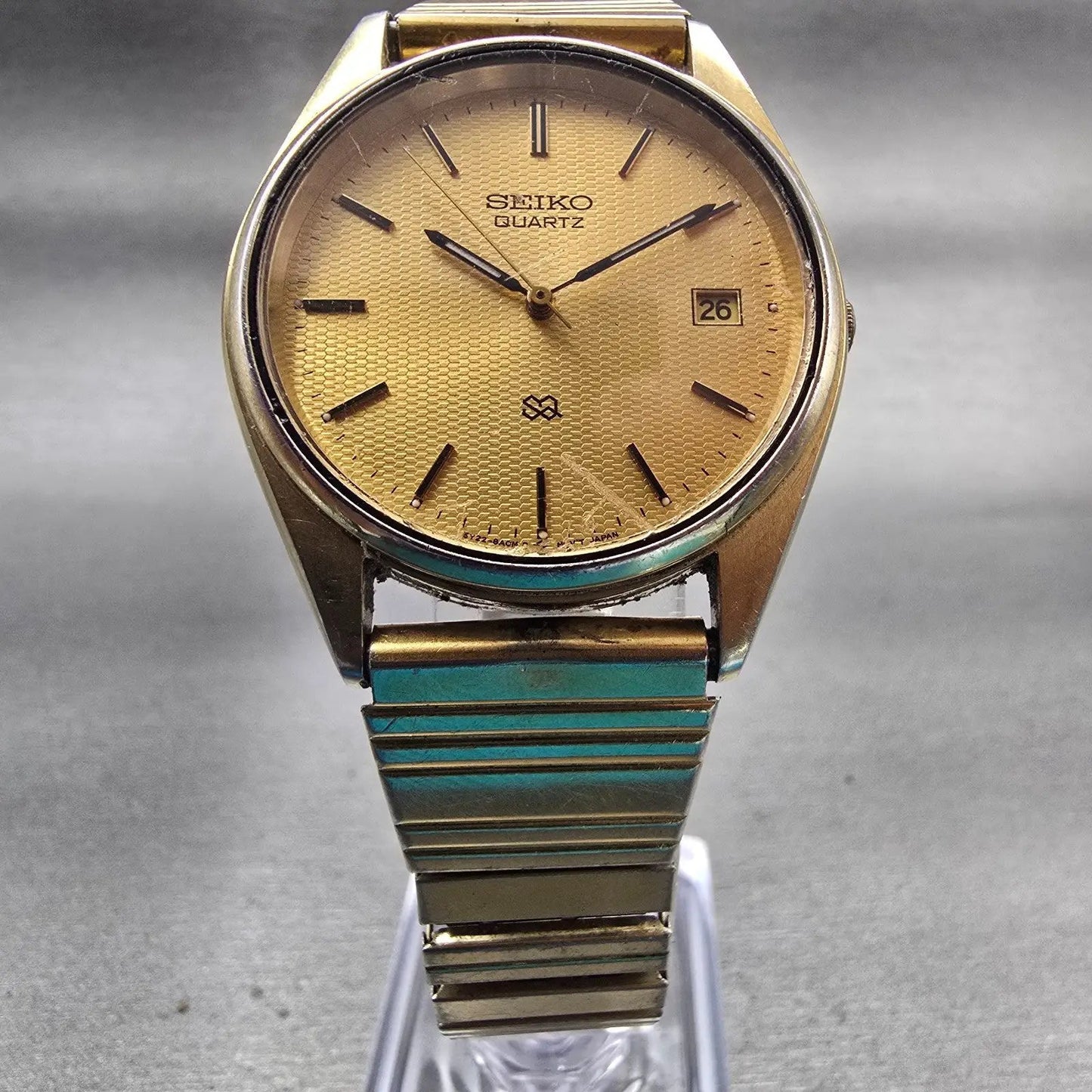 Seiko SQ Watch Men 35mm Gold Dial Gold Tone Date Round 5Y22-8A08 New Battery VTG5