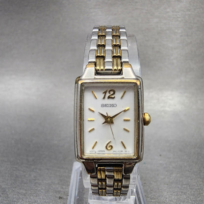 Seiko Tank Watch Women 16mm White Dial Two Tone Rectangle 1N010FH0 New Battery0