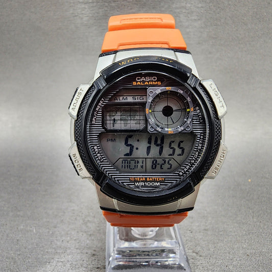 Casio AE1000W World Time Watch Men 44mm Digital Silver Tone Alarm Chrono NewBat0