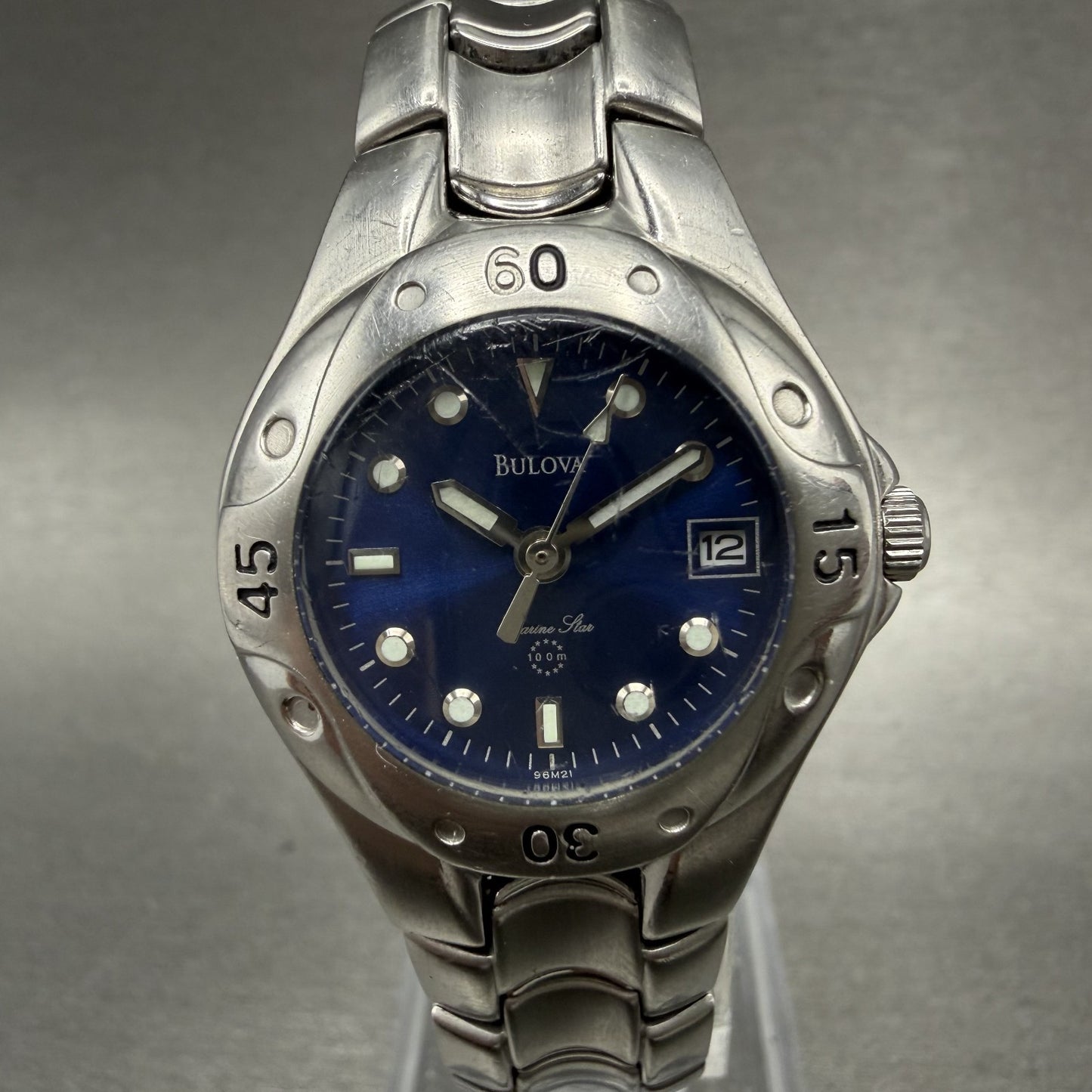 Bulova Marine Star Watch Women 27mm Blue Dial Silver Tone Date Round New Battery0