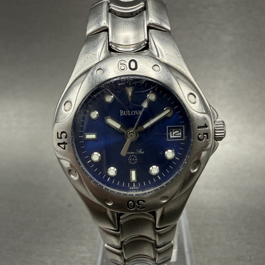 Bulova Marine Star Watch Women 27mm Blue Dial Silver Tone Date Round New Battery0
