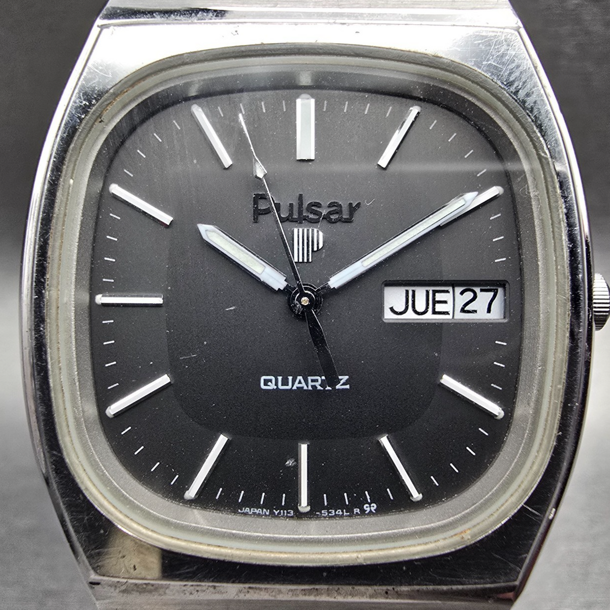 Pulsar Watch Men 33mm Gray Dial Silver Daydate Y113-5129 New Battery VTG JP1