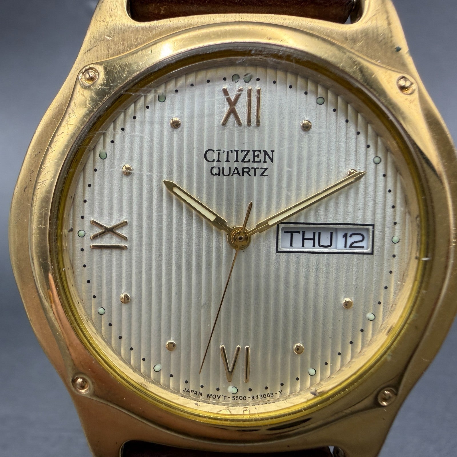 Citizen Watch Men 37mm Champagne Dial Gold Tone Daydate Round New Battery ABC1