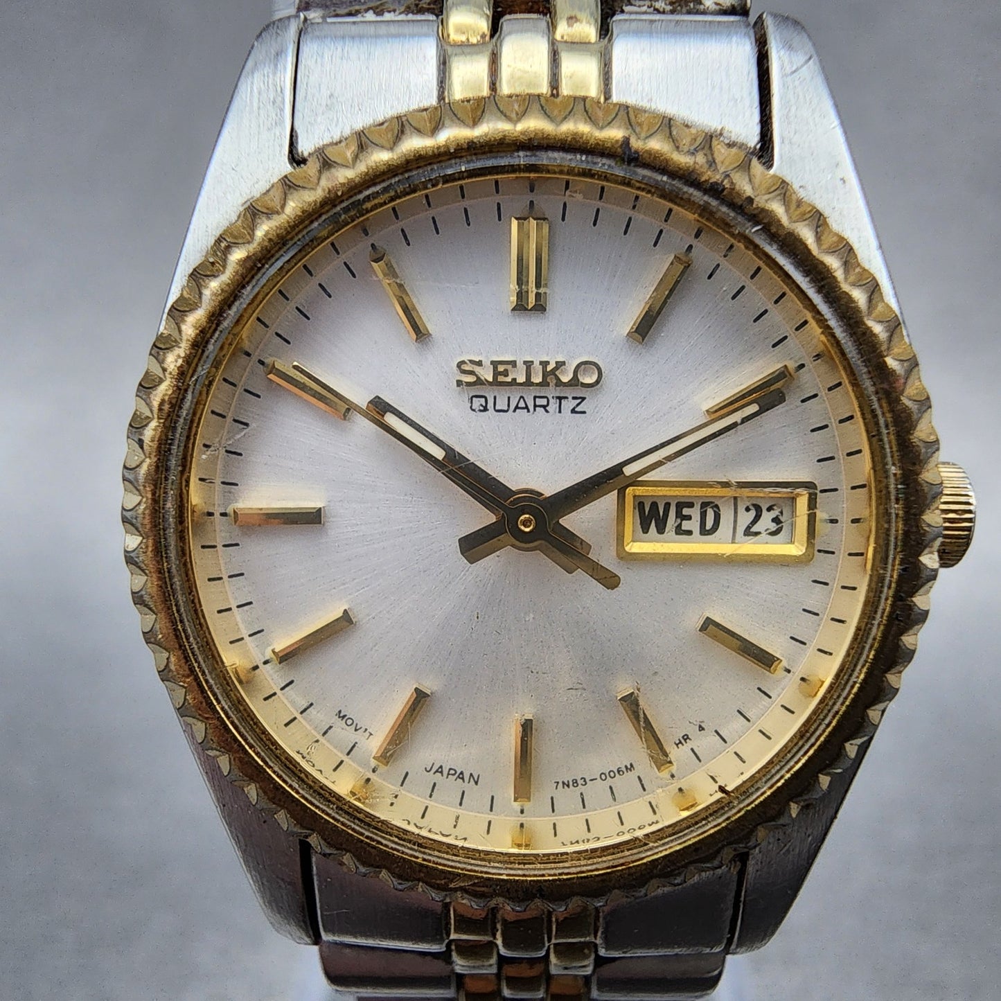 Seiko Watch Women 24mm White Dial Two Tone Daydate Round 7N830041 New Batt VTG1
