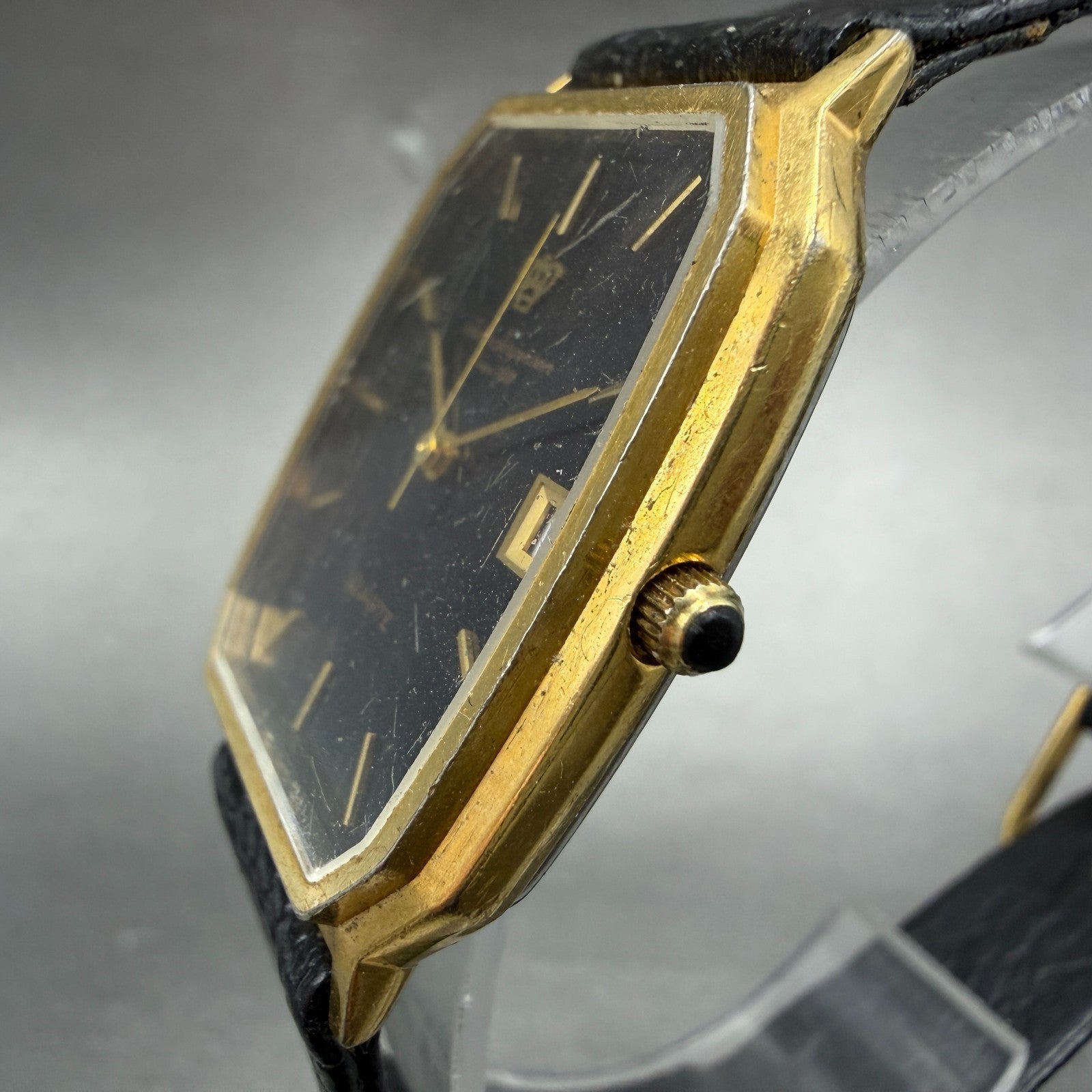 Jules Jurgenson Tank Watch Men 28mm Black Dial Gold Tone Date Rectangle PARTS3