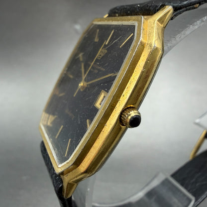 Jules Jurgenson Tank Watch Men 28mm Black Dial Gold Tone Date Rectangle PARTS3