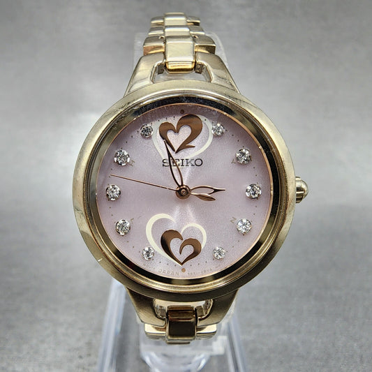 Seiko Solar Atomic Watch Women 27mm Pink Heart Dial Gold Tone 3b51-0ar0 Runs