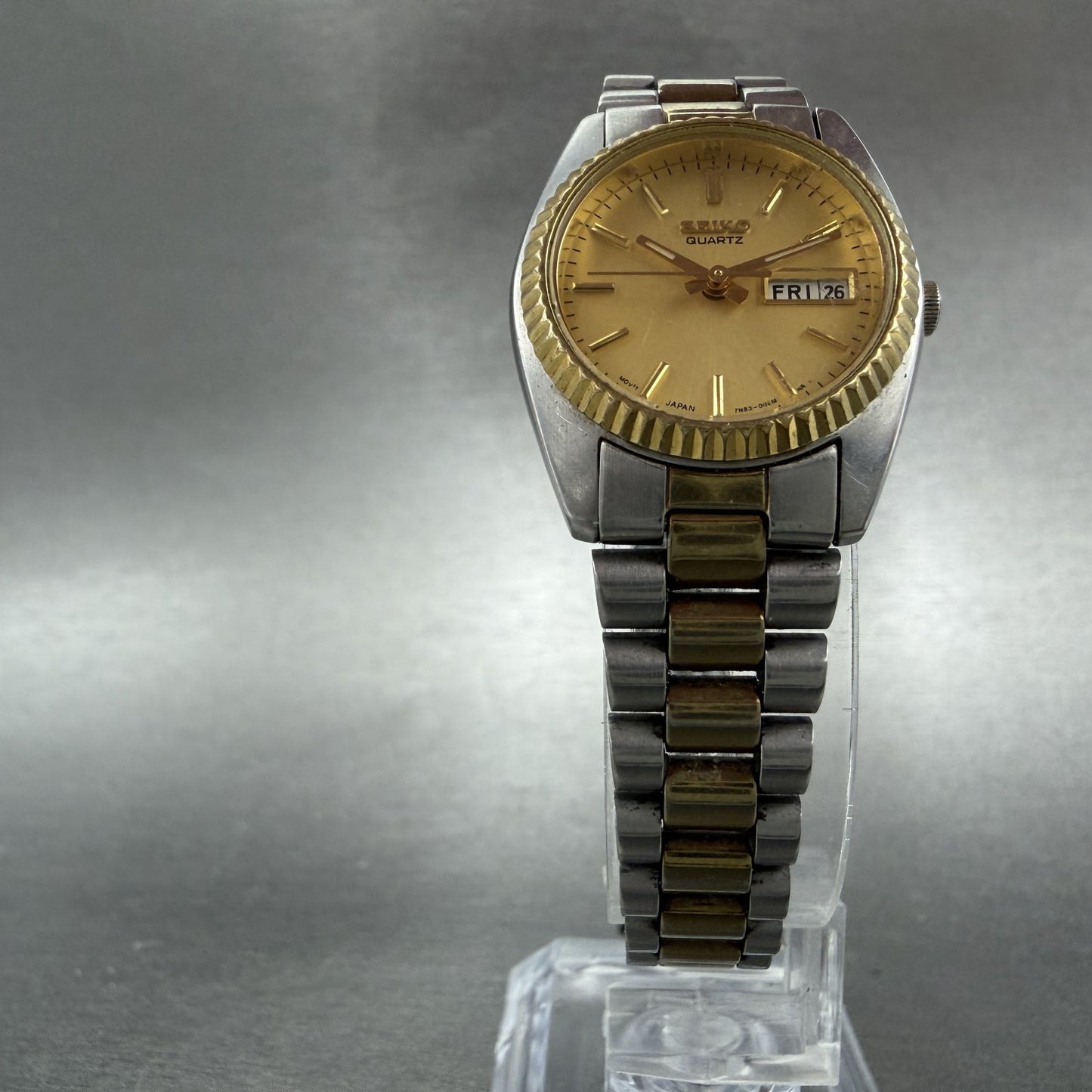 Seiko Watch Women 24mm Gold Dial Two Tone Daydate Round 7n83-0041 New Battery 5D5