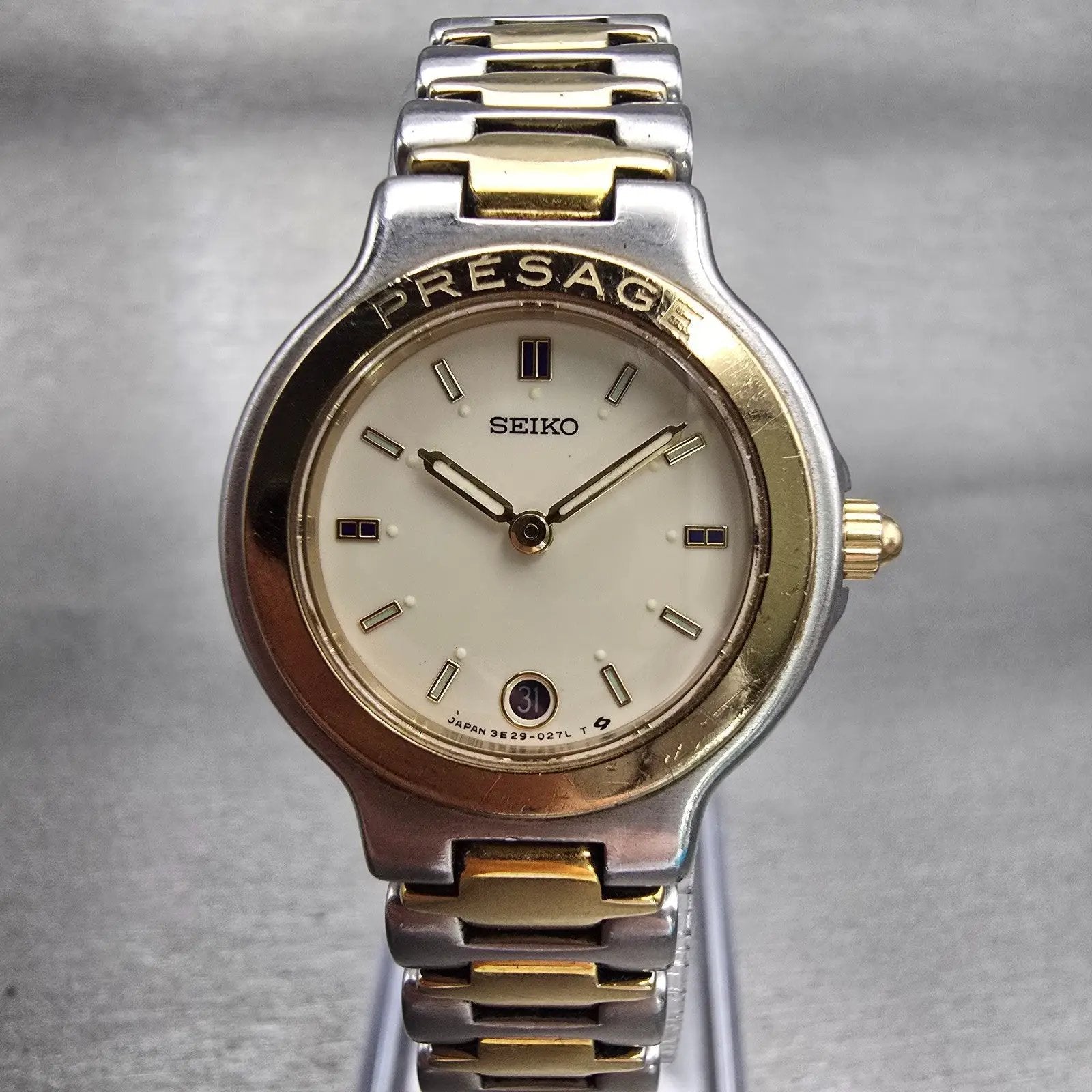 Seiko Presage Watch Women 26mm Ivory Dial Two Tone Date Round 3E29-0100 New Batt0