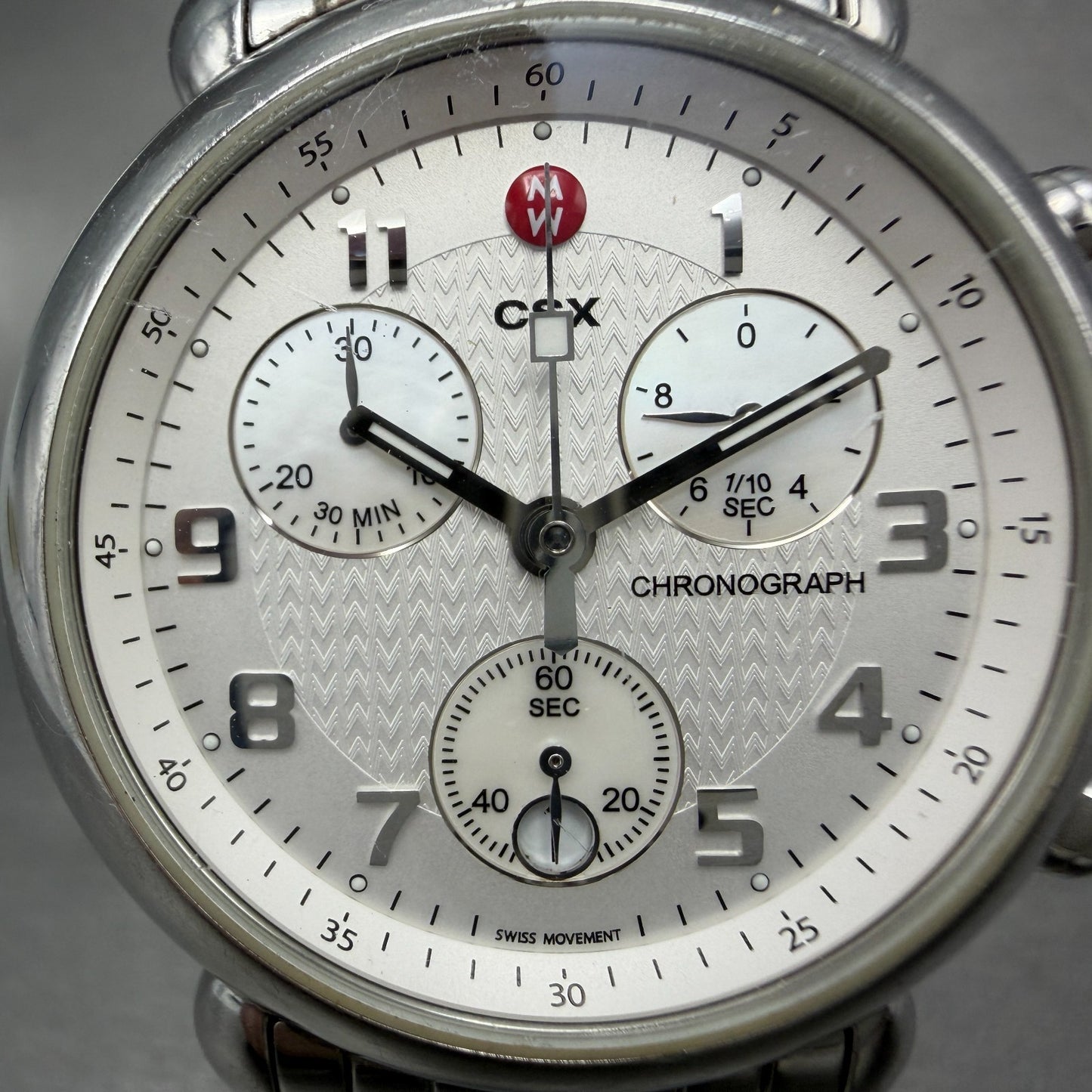 Michele CSX Chronograph Watch Women 39mm White Dial Steel Date Round New Battery1