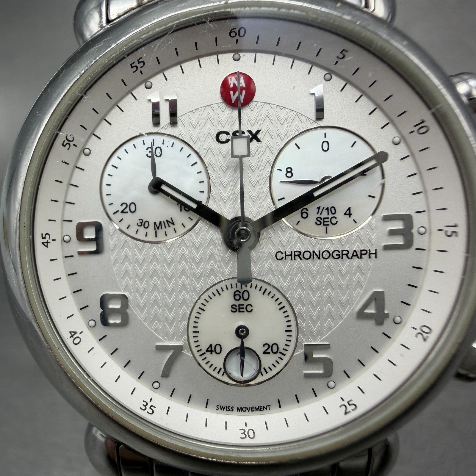 Michele CSX Chronograph Watch Women 39mm White Dial Steel Date Round New Battery1