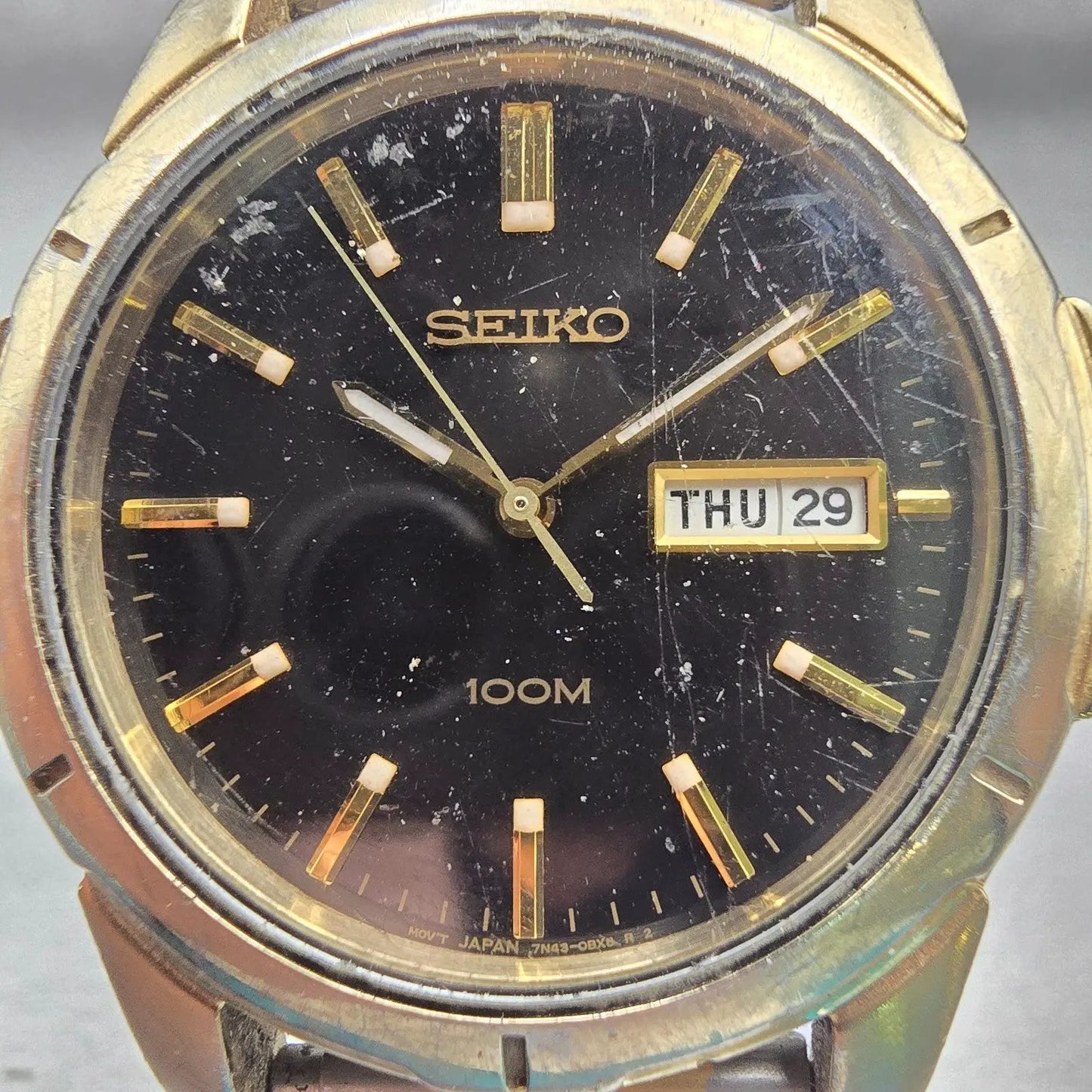 Seiko Watch Men 39mm Black Dial Gold Tone Daydate Round 7N43-0AZ0 New Battery1
