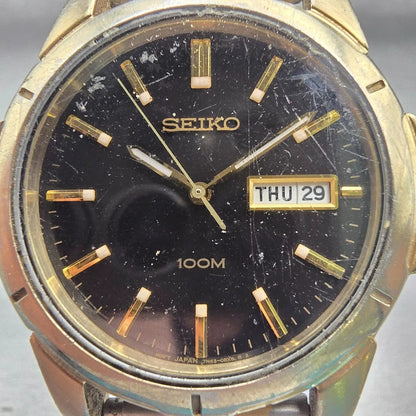 Seiko Watch Men 39mm Black Dial Gold Tone Daydate Round 7N43-0AZ0 New Battery1