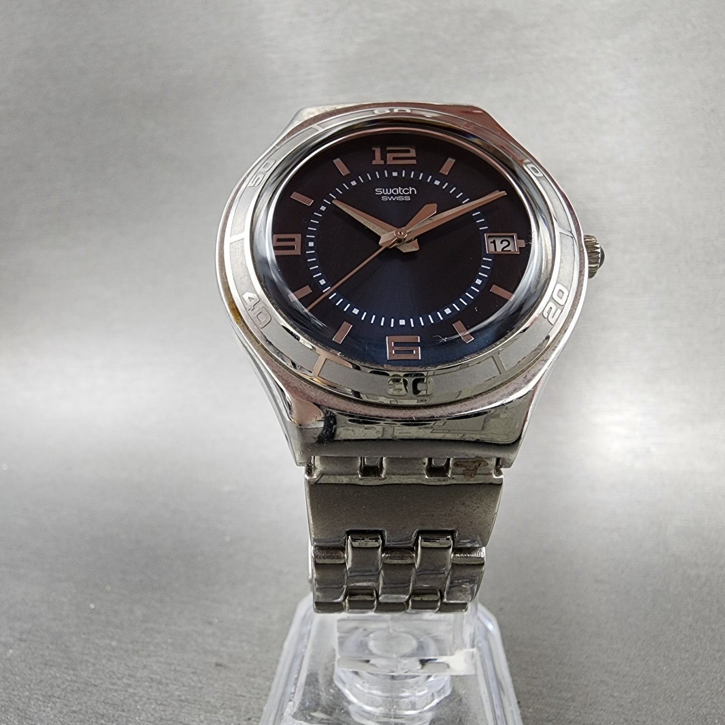 Swatch Irony Trustfully Yours Watch Men 37mm Blue Dial Steel Date Round New Batt5