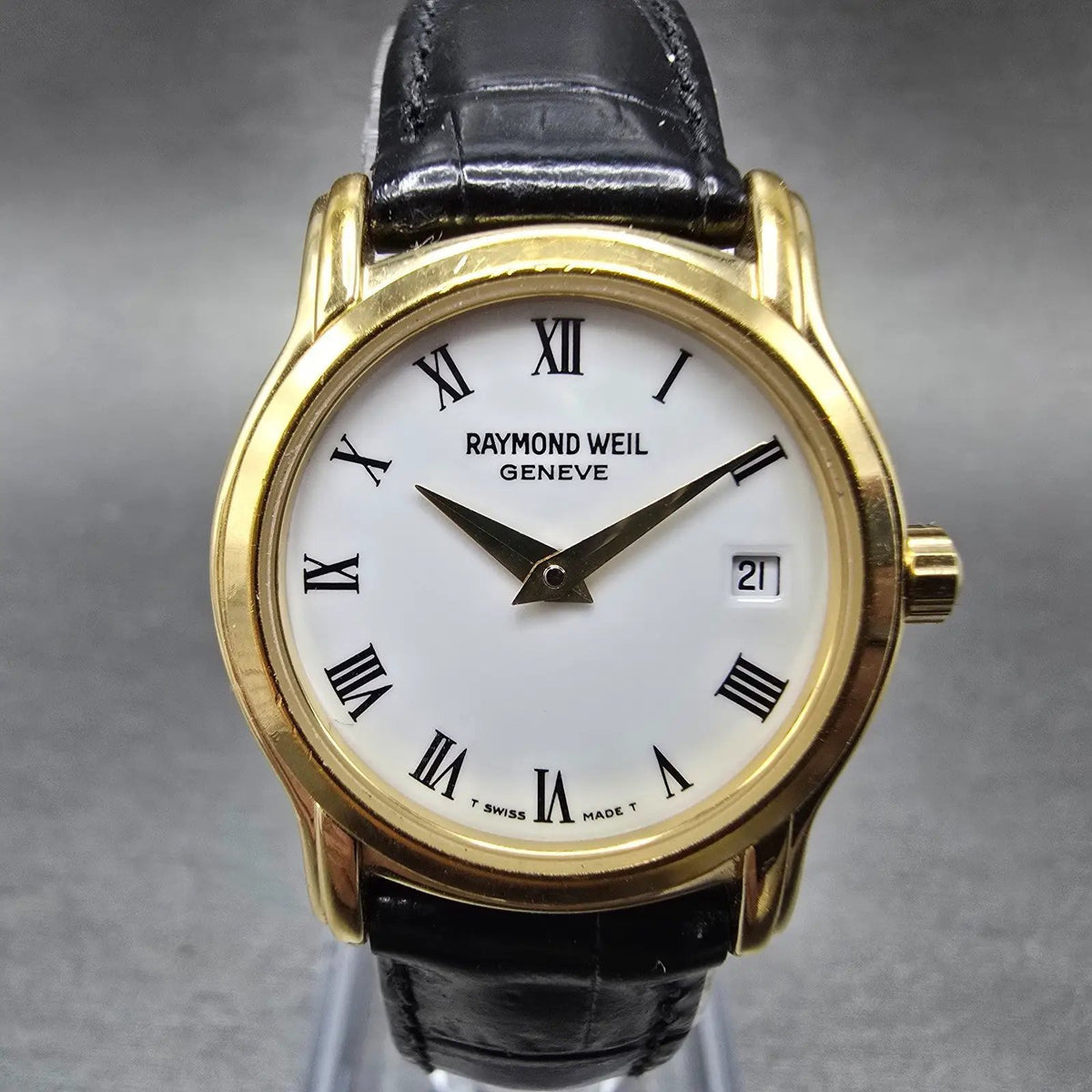 Raymond Weil Watch Women 24mm White Dial Gold Plated Date Round 5369 New Batt0