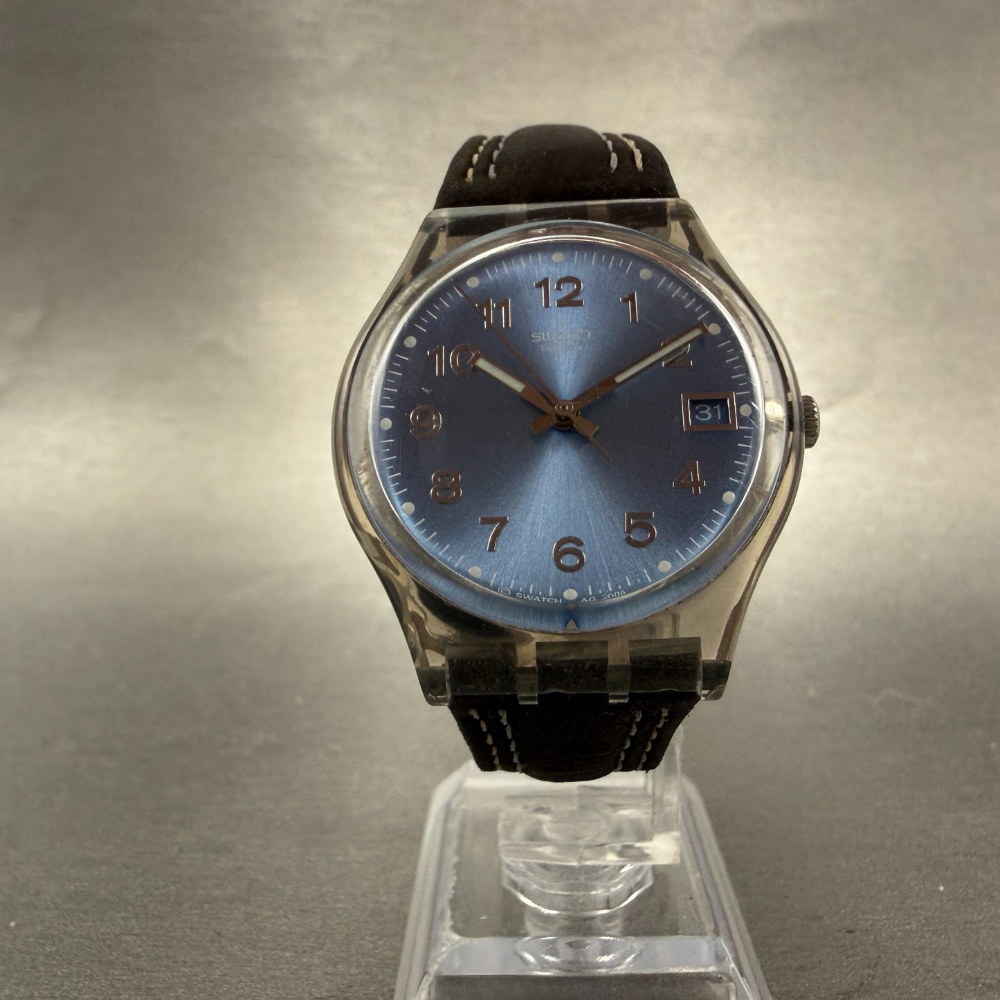 Swatch Blue Choco Watch Men 34mm Blue Dial Clear Date Round GM415 New Battery5