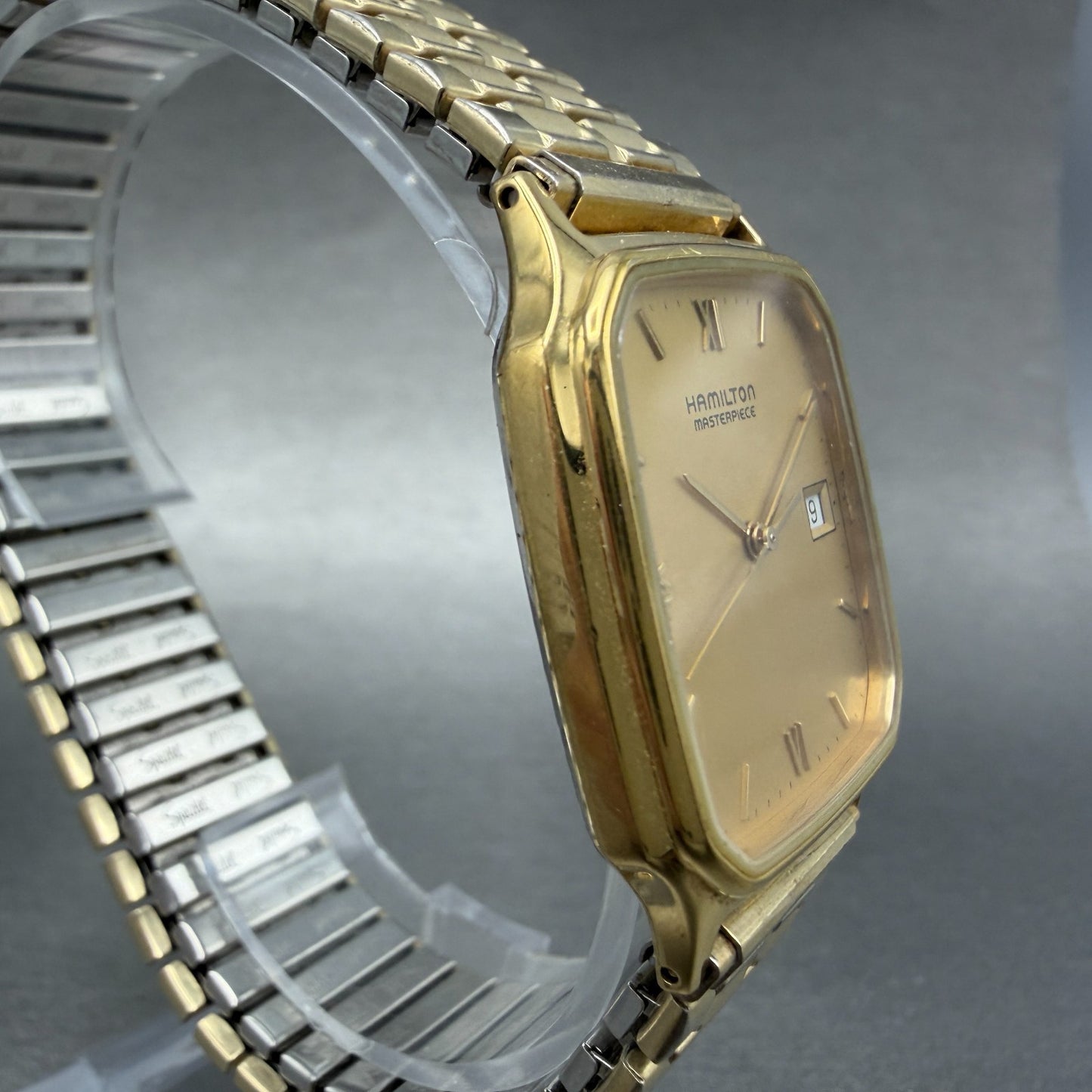 Hamilton Masterpiece Watch Men 30mm Gold Dial Gold Tone Date Rectangle New Batt3