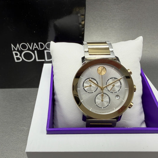 Movado Bold Chronograph Watch Men 42mm Silver Dial Two Tone Date 3600888 Box0