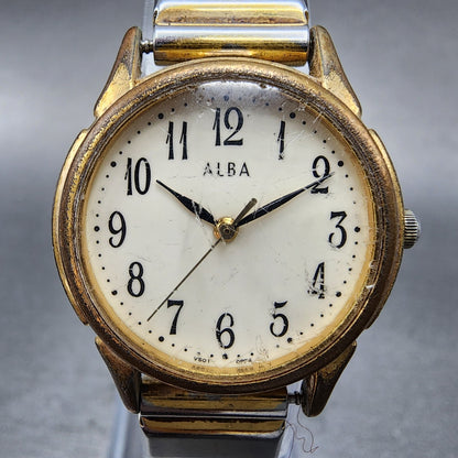 Seiko ALBA Watch Women 26mm Cream Dial Gold Tone Round V501-0ET0 New Battery