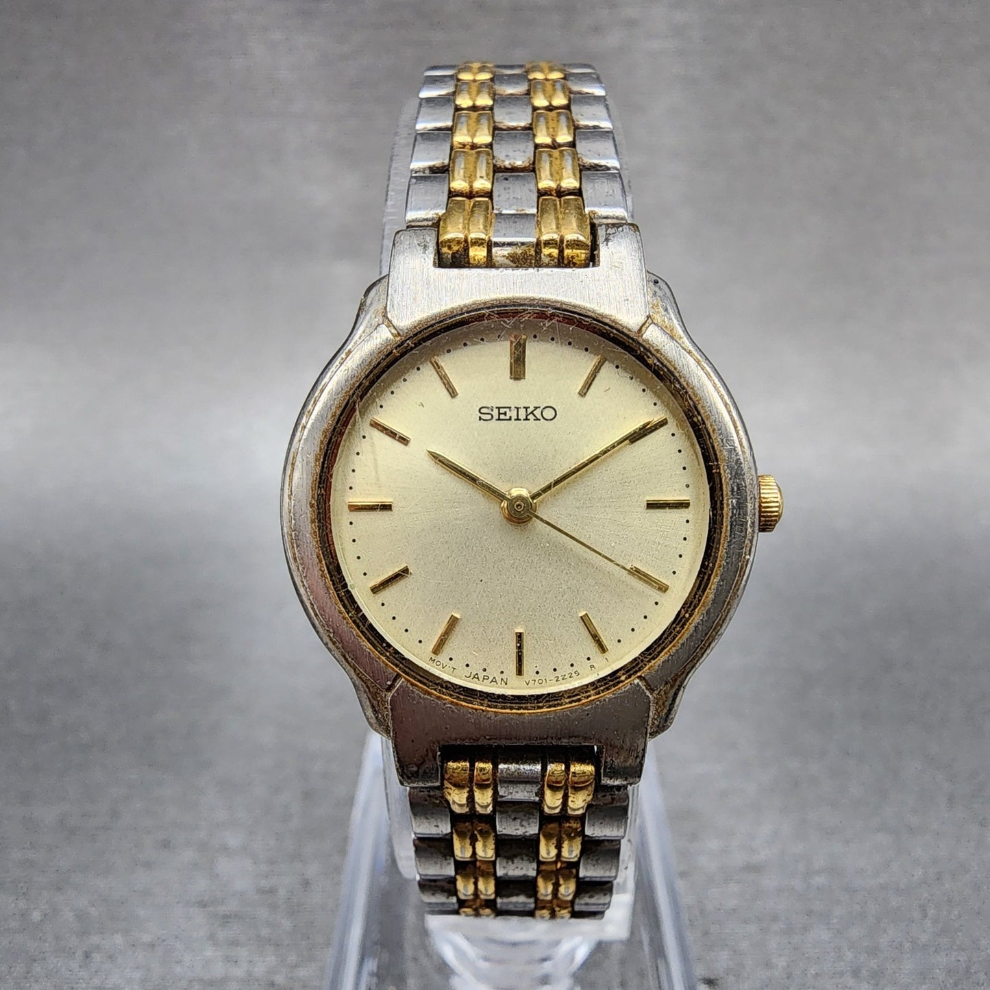 Seiko Watch Women 24mm Chamapge Dial Two Tone Round V7012b90 New Battery0