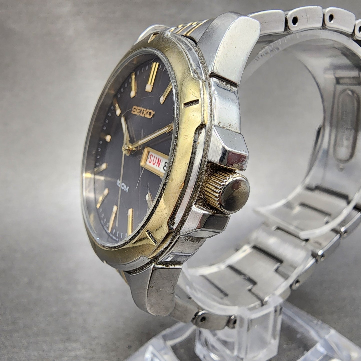 Seiko 100m Watch Men 39mm Silver Dial Two Tone Daydate Round 7n430az0 PARTS3