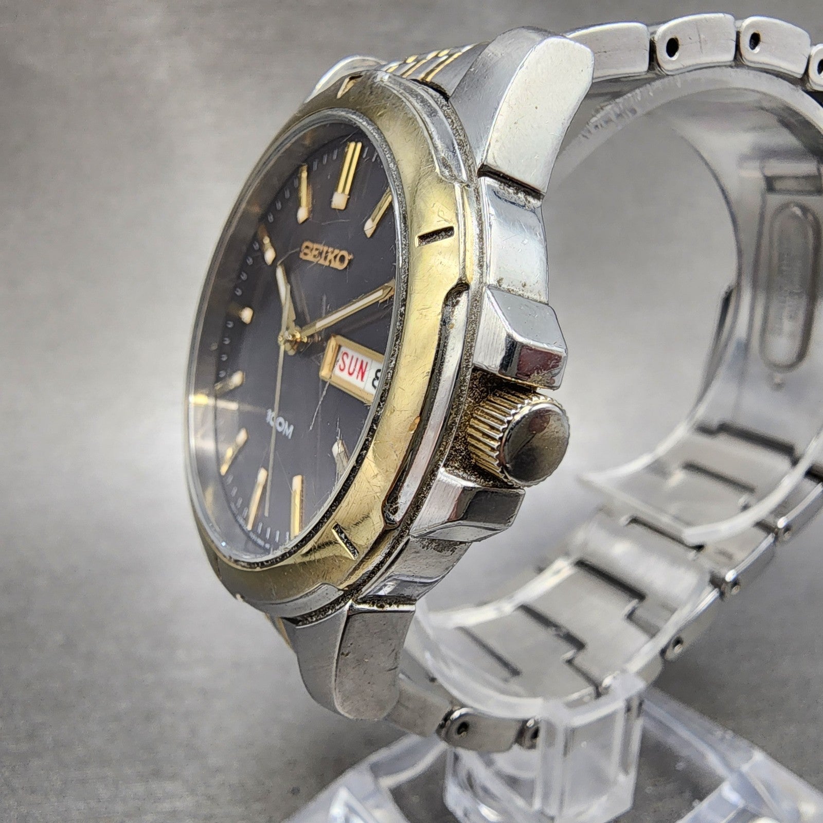 Seiko 100m Watch Men 39mm Silver Dial Two Tone Daydate Round 7n430az0 PARTS3