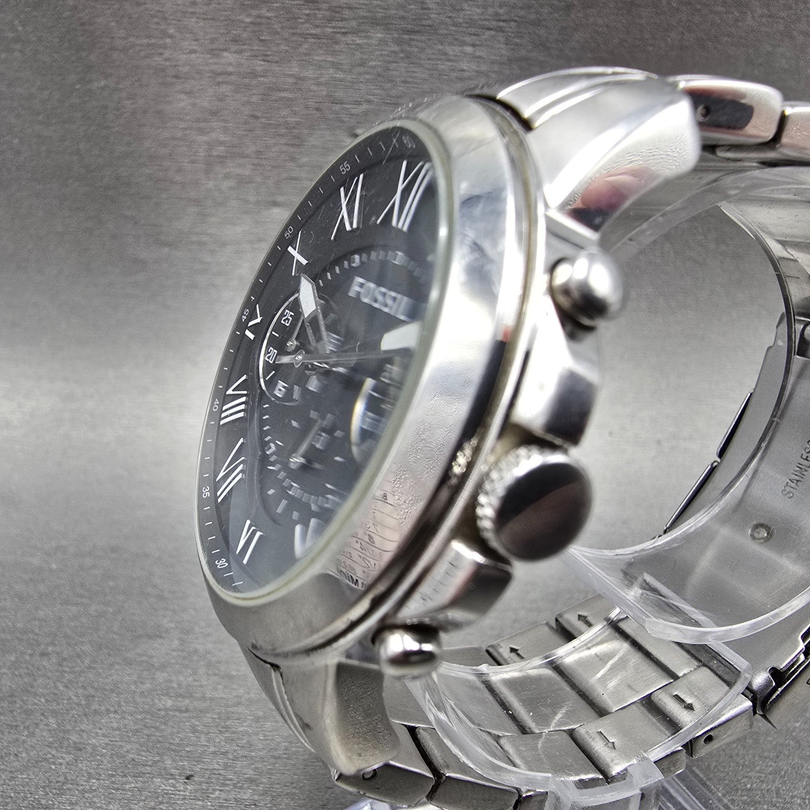 Fossil Grant Chronograph Watch Men 44mm Black Dial Silver Tone FS4736 NewBattery2
