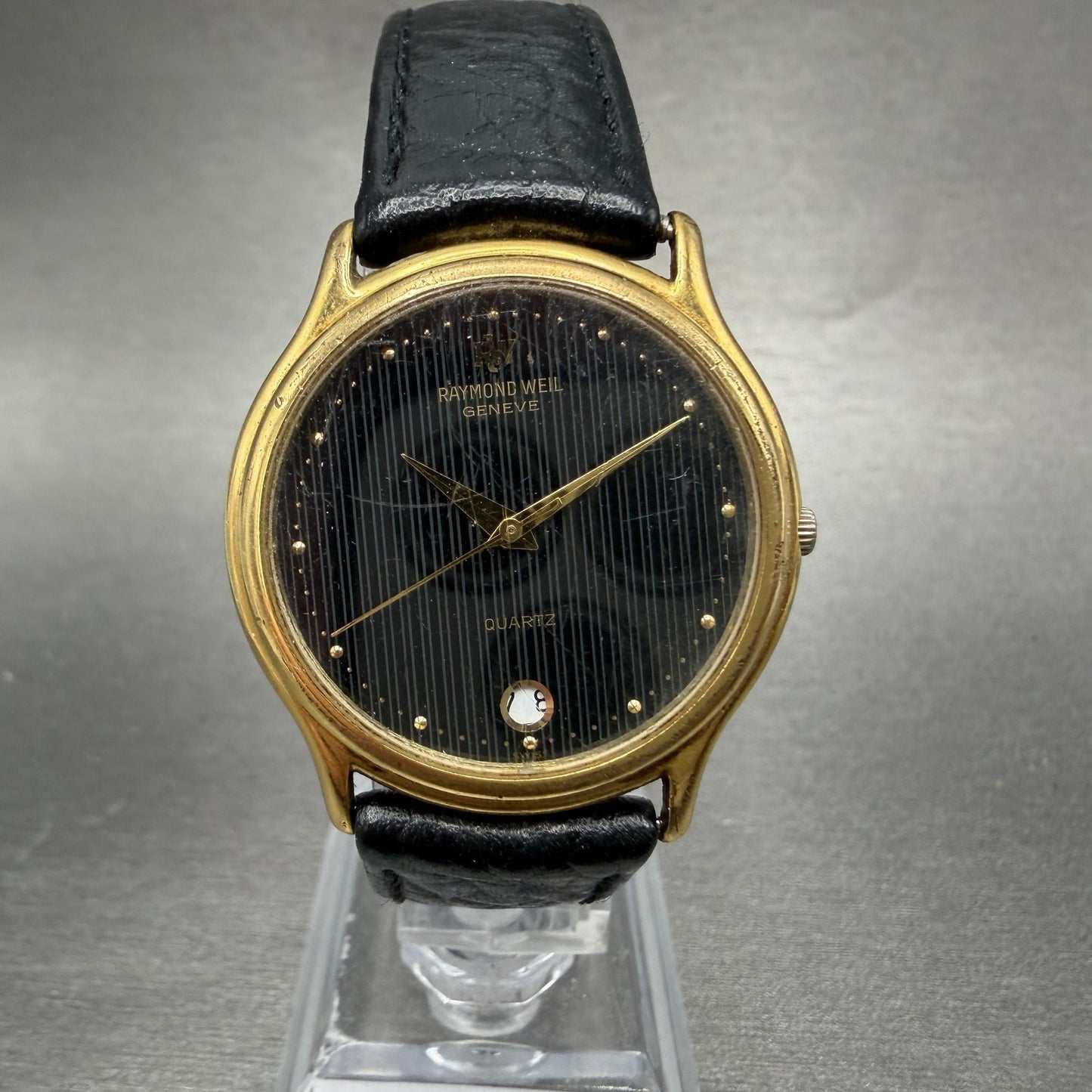 Raymond Weil Watch Unisex 31mm Black Dial Gold Plated Date Round READ!!!!!! 55090
