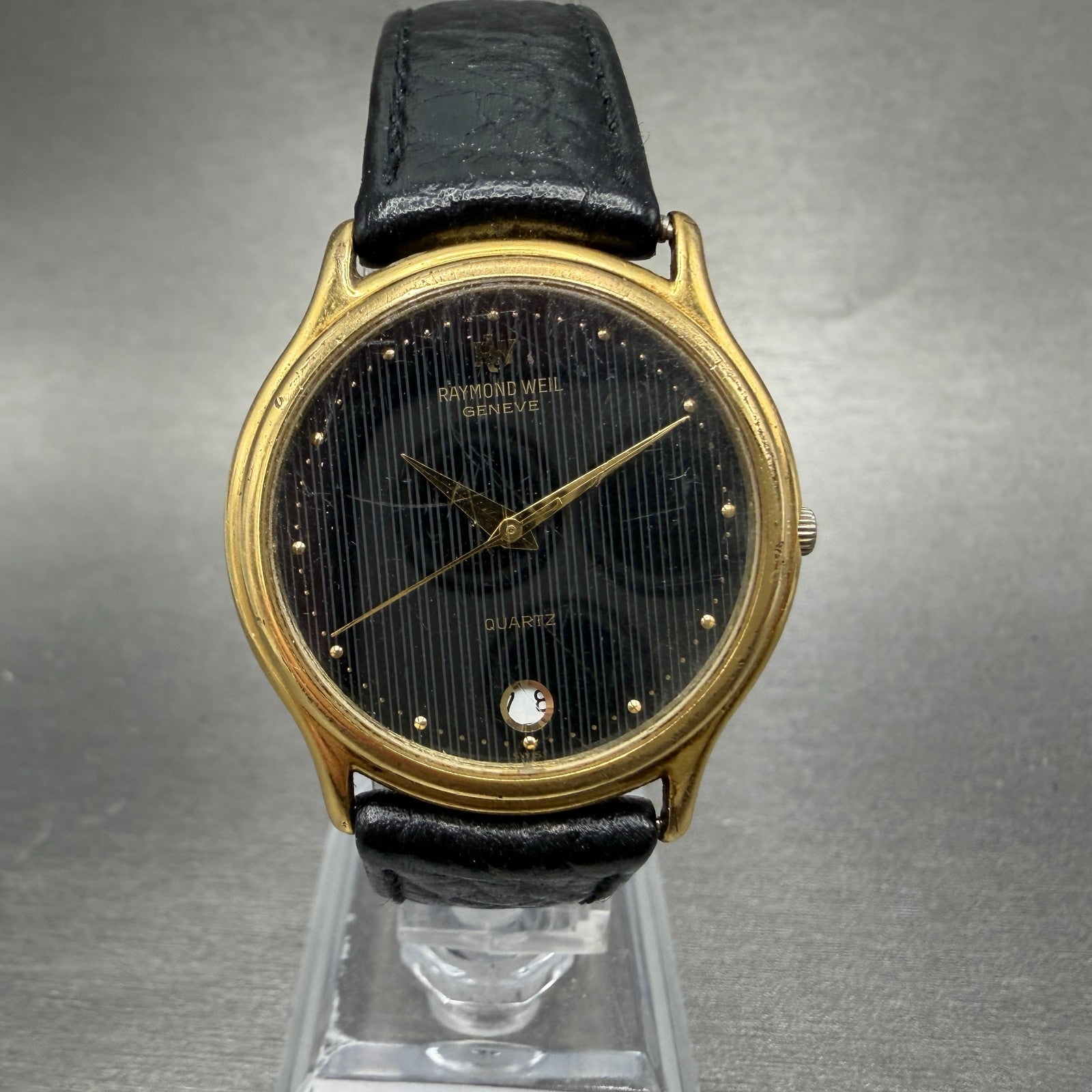Raymond Weil Watch Unisex 31mm Black Dial Gold Plated Date Round READ!!!!!! 55090