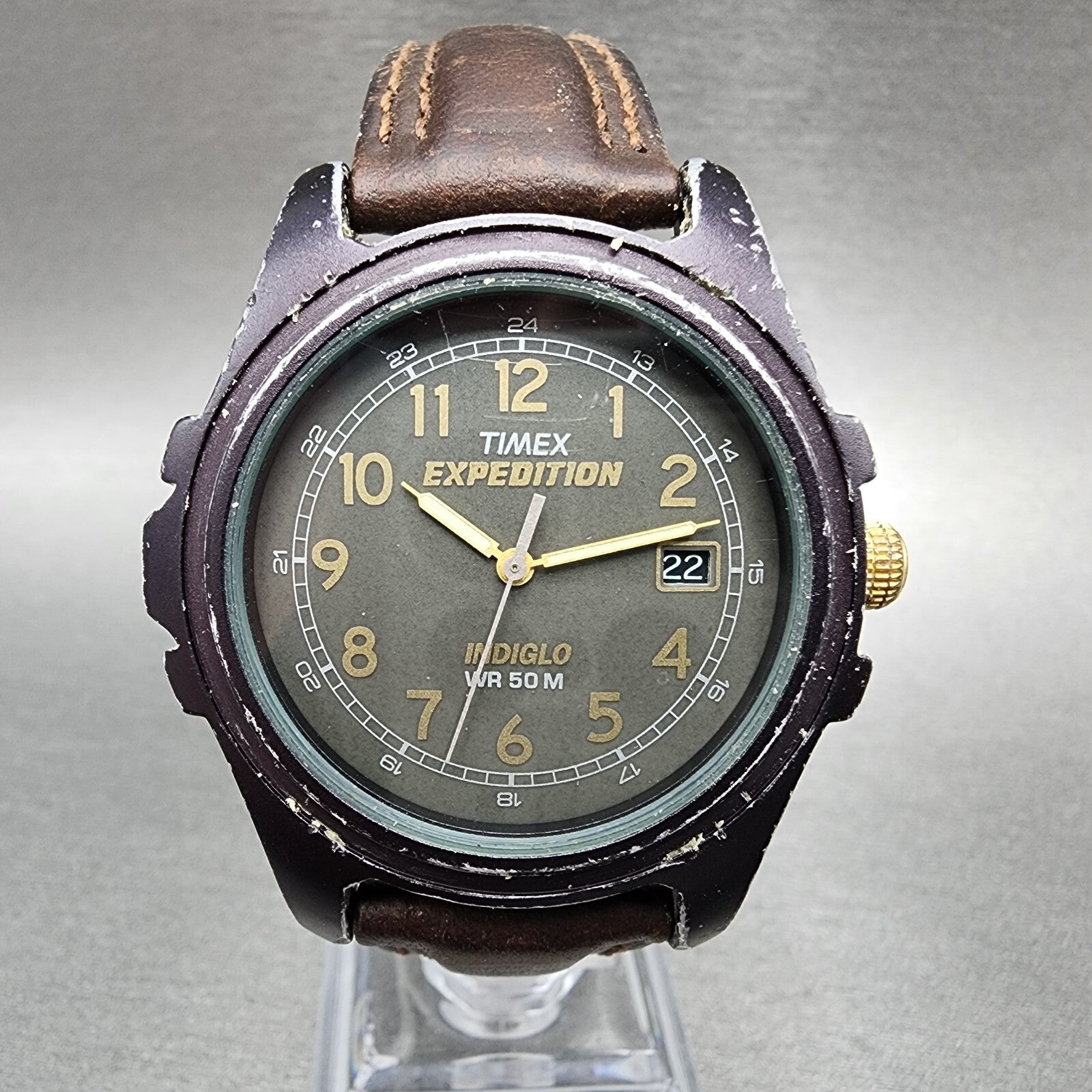 Timex Expedition Watch men 37mm Green Dial Brown Tone Date Round New Battery0