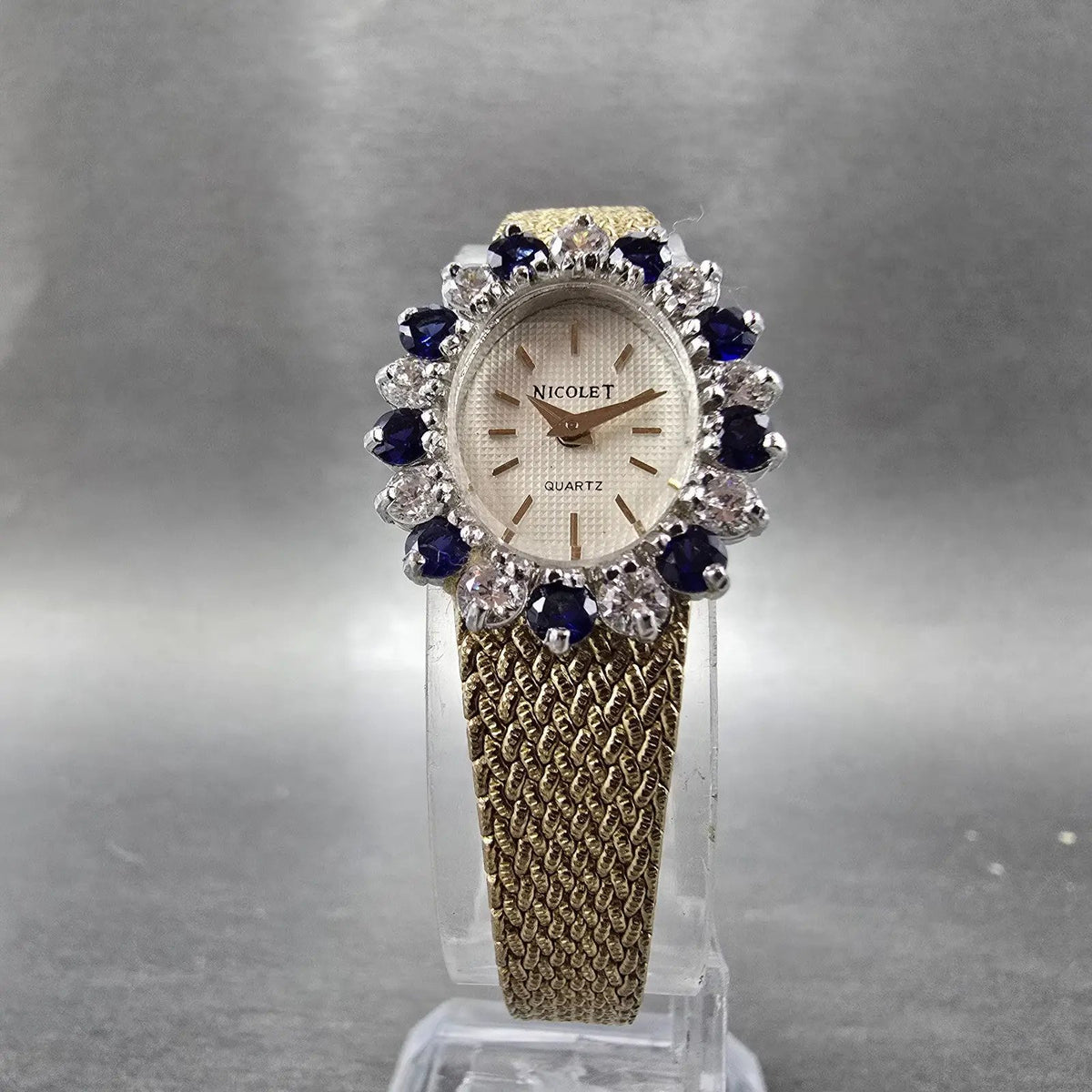 Nicolet Watch Women16mm White Dial Gold Tone Blue Sapphire Oval Mesh Band PARTS5