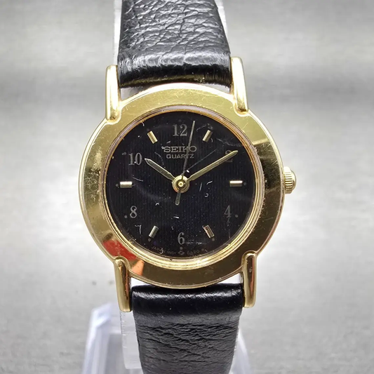 Seiko Watch Women 22mm Black Dial Gold Tone Round 1N01-0A19 New Battery Vintage0