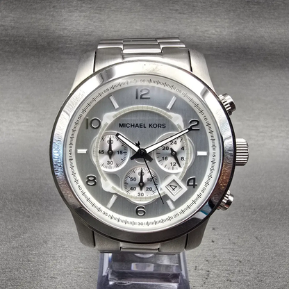 Michael Kors Runway Chrono Watch Men 45mm Silver Dial Silver Date MK8086 New Bat0