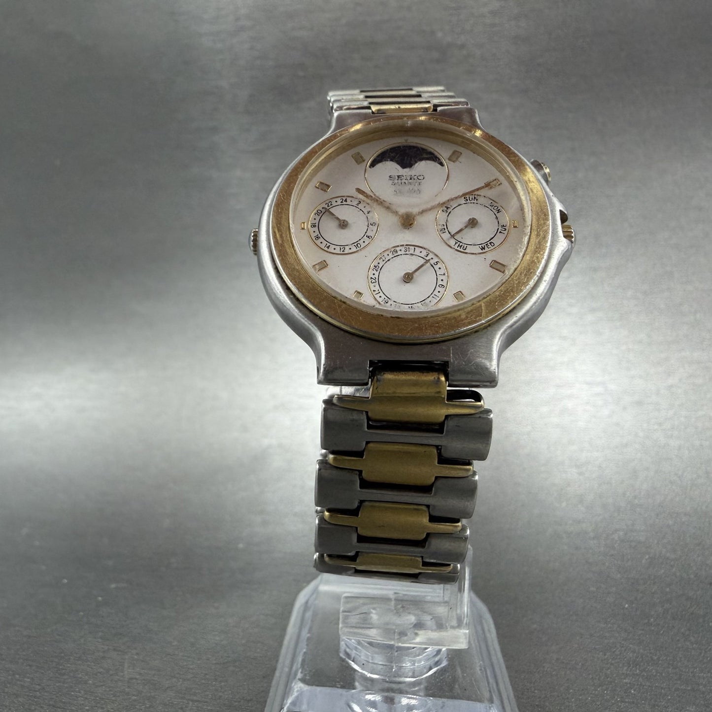 Seiko Moon Phase Watch Men 35mm White Dial Two Tone Daydate 7F38-6110 NewBattery6