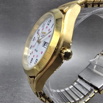 Seiko Railroad Approved Watch Men 37mm White Dial Gold Solar Daydate V158-0AB02