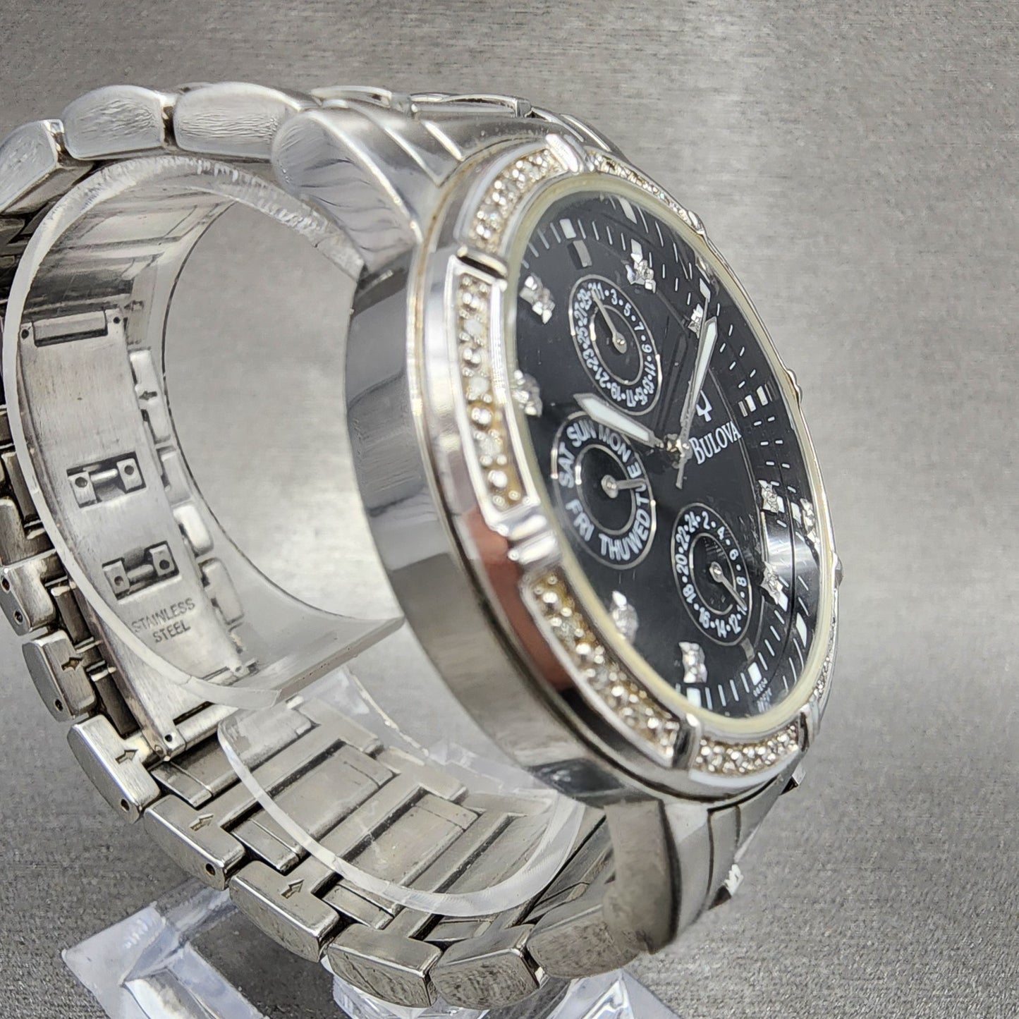 Bulova Watch Men 39mm Black Dial Silver Tone Daydate Round Diamonds 96E04 NewBat3