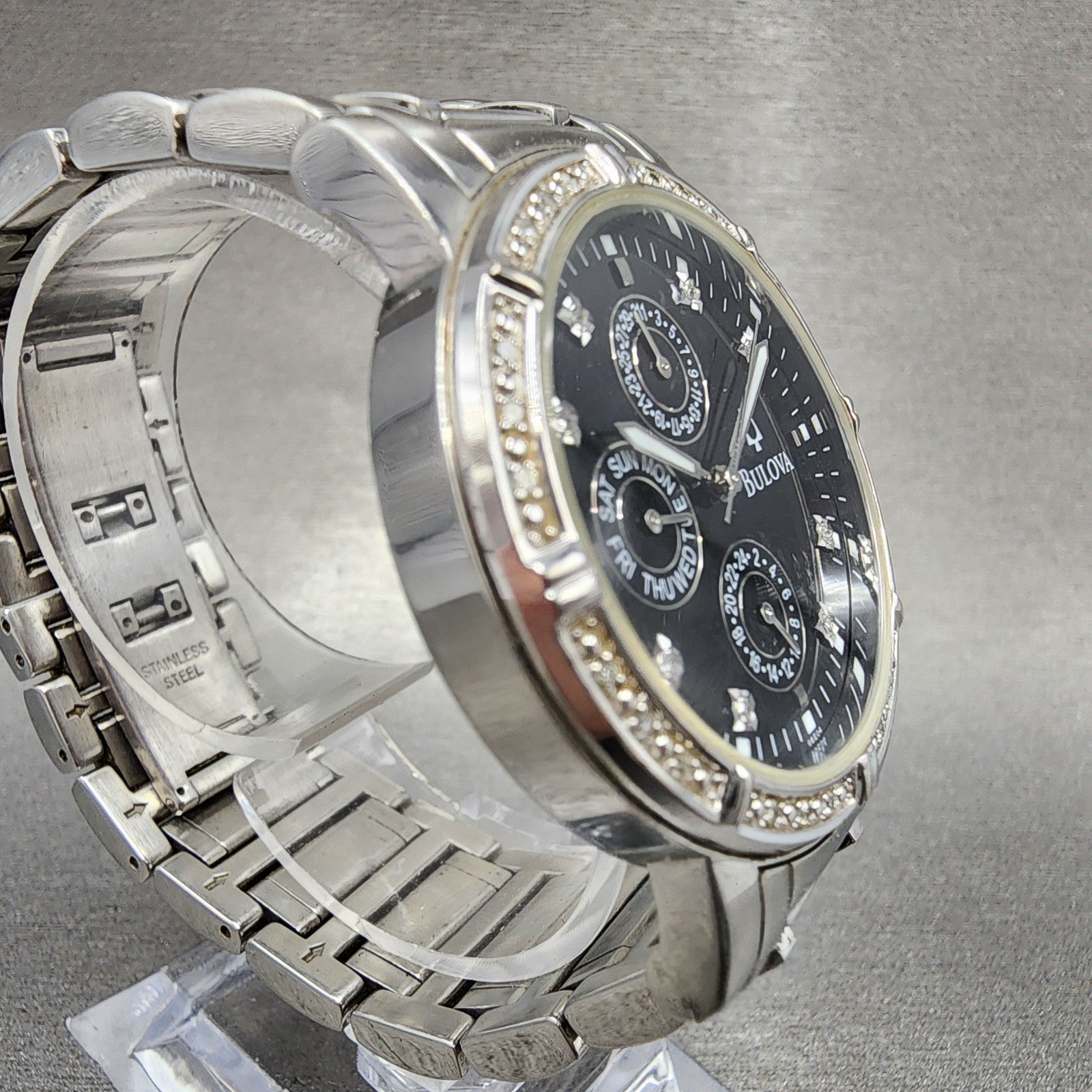 Bulova Watch Men 39mm Black Dial Silver Tone Daydate Round Diamonds 96E04 NewBat3