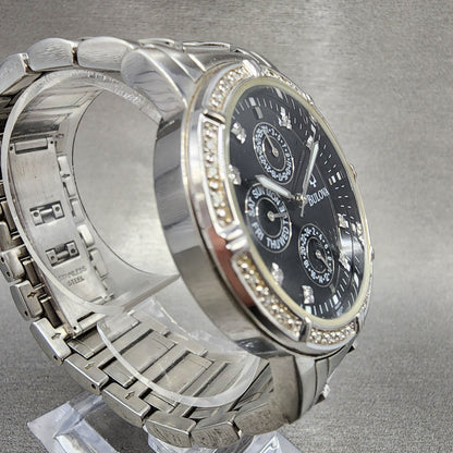 Bulova Watch Men 39mm Black Dial Silver Tone Daydate Round Diamonds 96E04 NewBat3