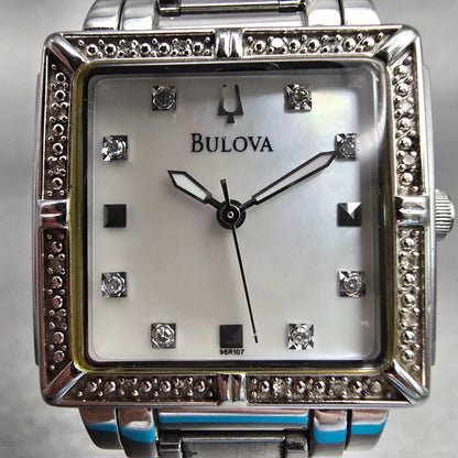 Bulova Watch Women 26mm MOP Dial Silver Tone Gemmed Square 96R107 New Battery1