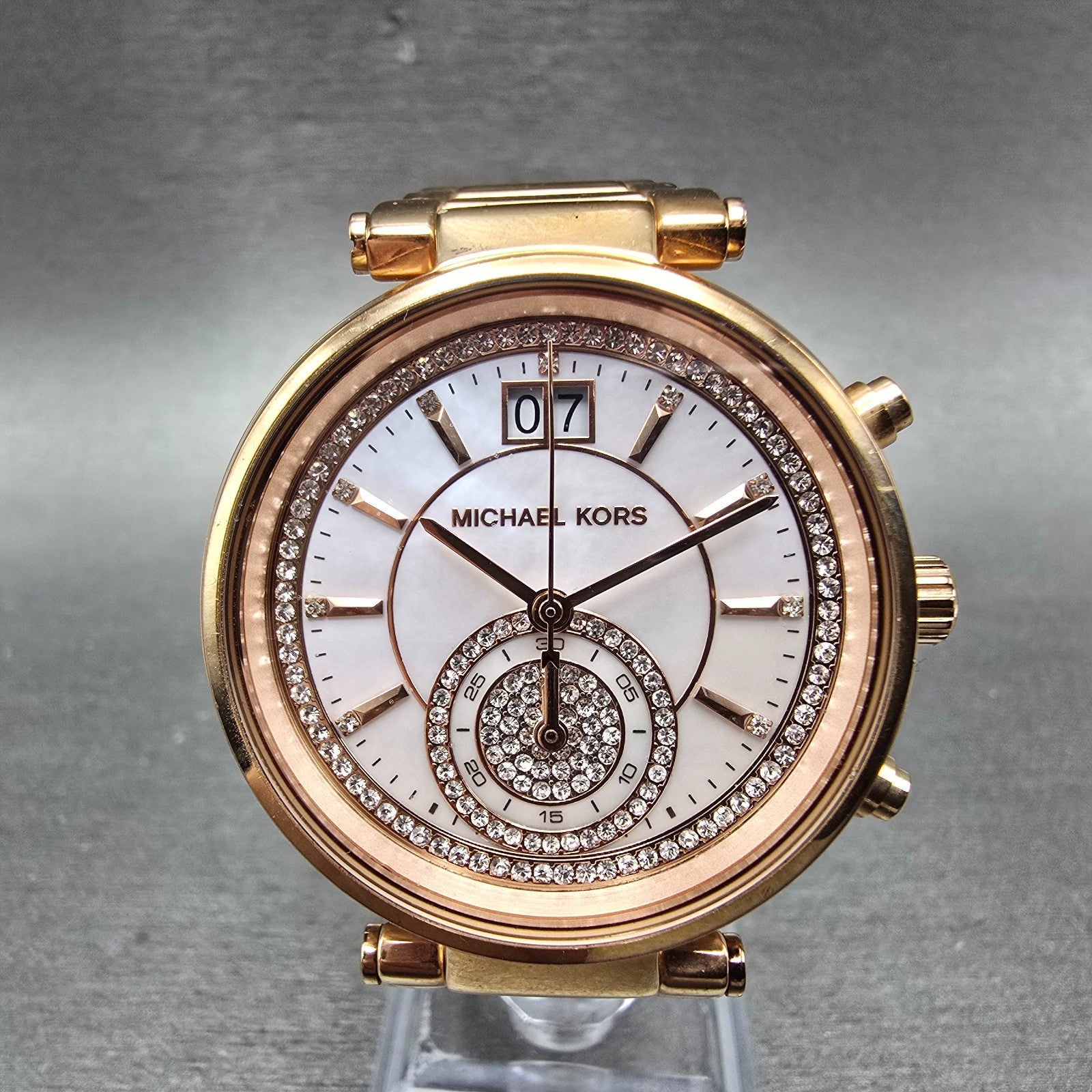 Michael kors Sawyer Watch Women 39mm MOP Dial Rose Gold Tone Date Chrono NewBatt0