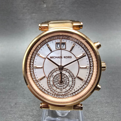 Michael kors Sawyer Watch Women 39mm MOP Dial Rose Gold Tone Date Chrono NewBatt0