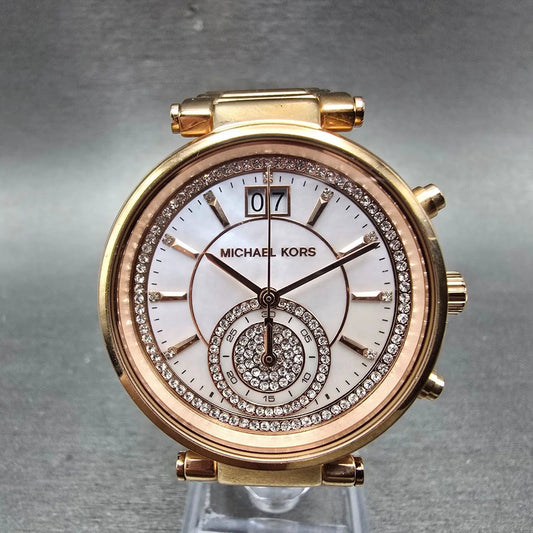 Michael kors Sawyer Watch Women 39mm MOP Dial Rose Gold Tone Date Chrono NewBatt0