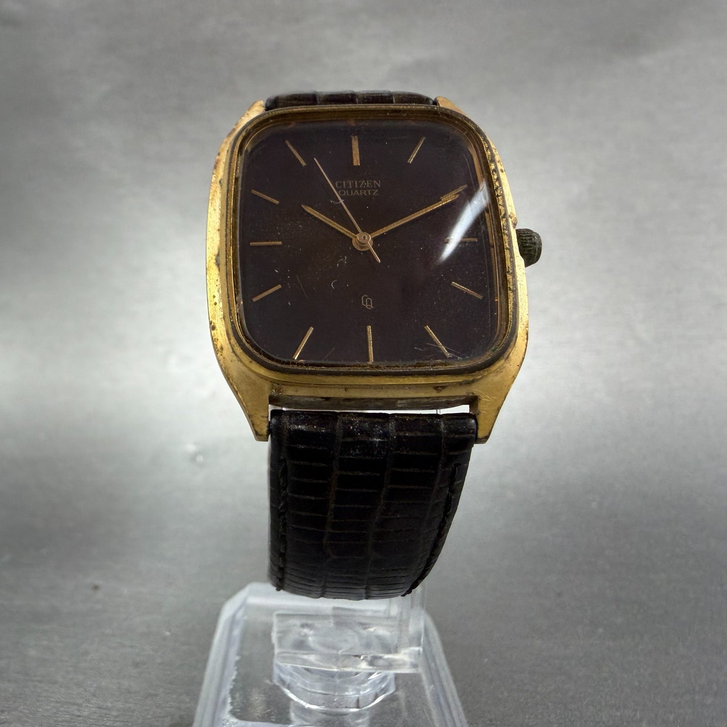 Citizen CQ Tank Watch Men 30mm Black Dial Gold Tone 4-796292 Rectangle PARTS6