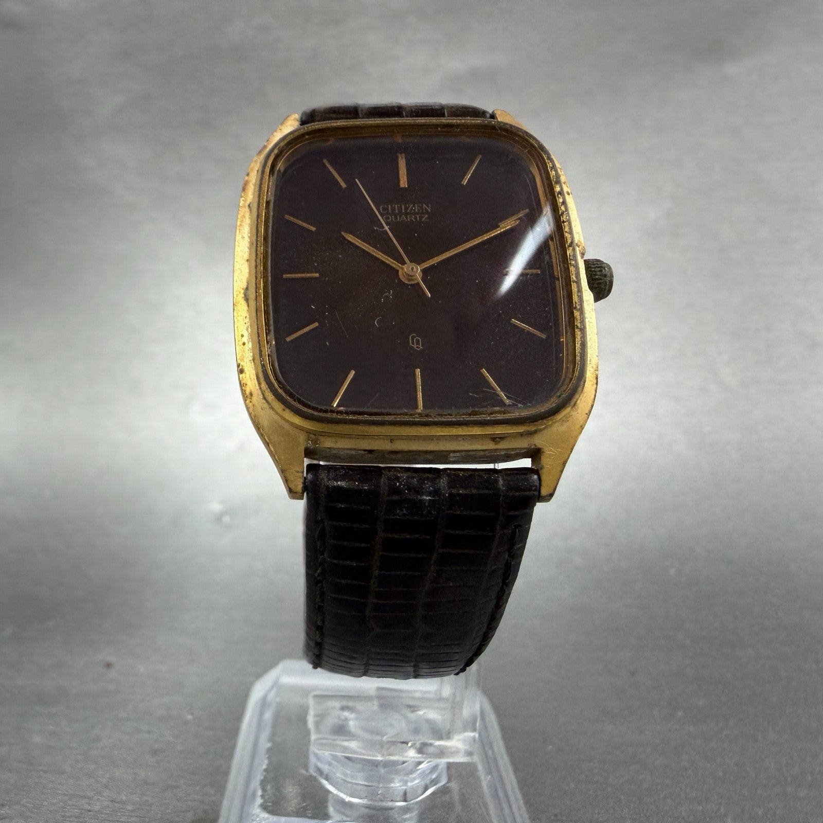 Citizen CQ Tank Watch Men 30mm Black Dial Gold Tone 4-796292 Rectangle PARTS6