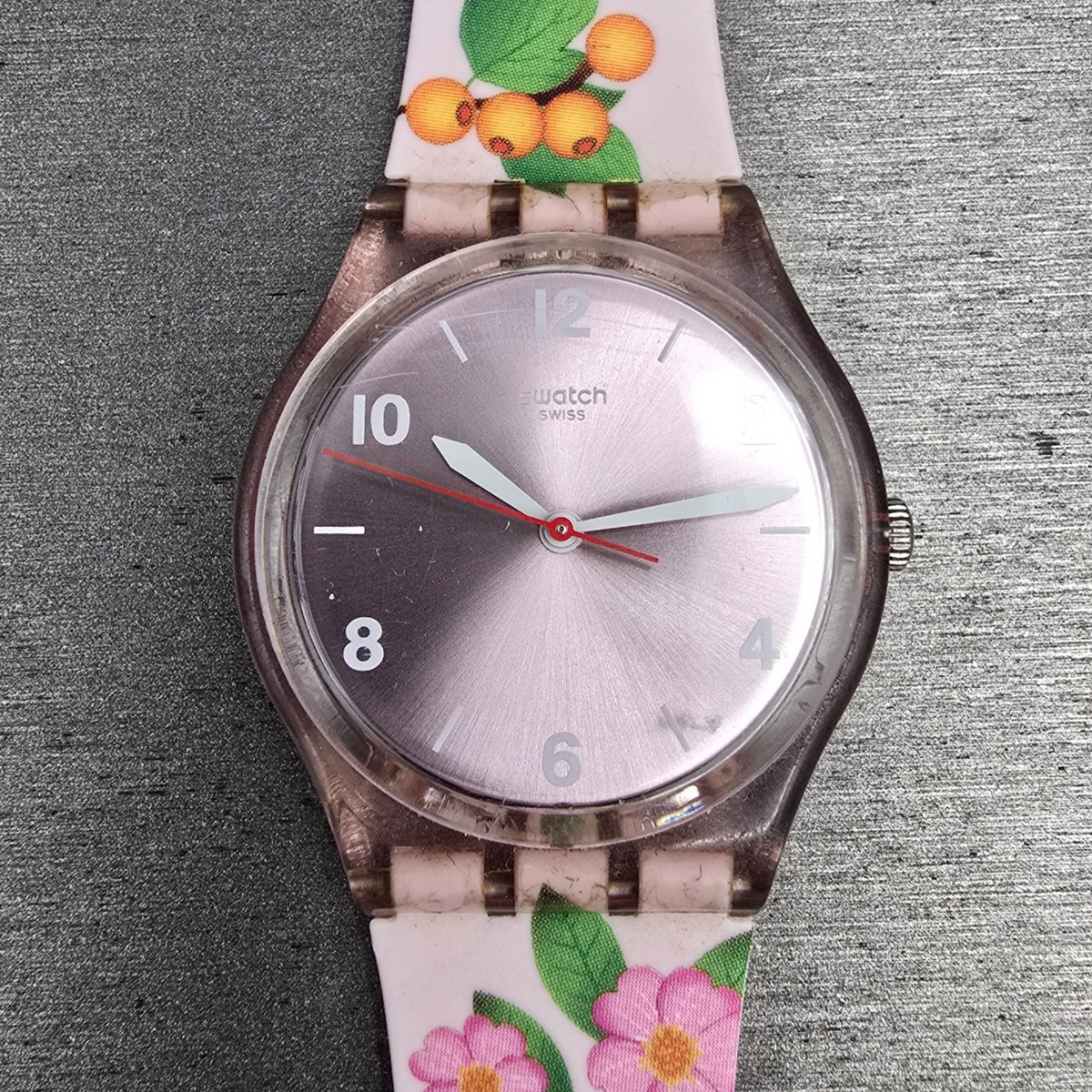 Swatch Merry Berry Watch Women 34mm Pink Dial Clear Case Round GP150 New Battery0