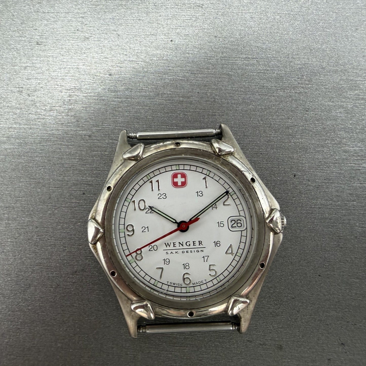 Wenger SAK Watch Men 35mm White Dial Steel Date Round Leather Band New BatteryBH0
