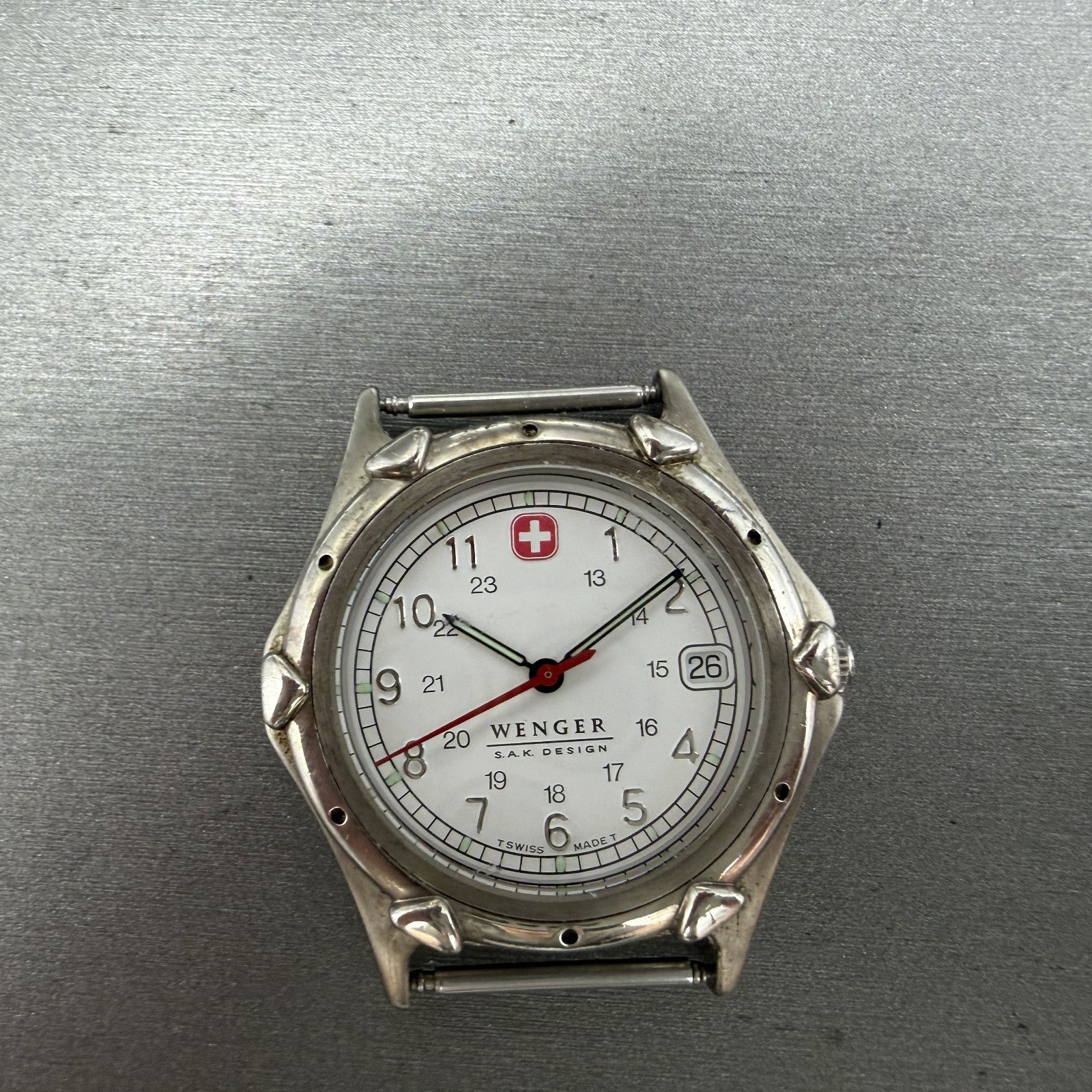 Wenger SAK Watch Men 35mm White Dial Steel Date Round Leather Band New BatteryBH0