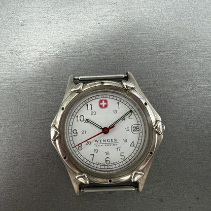 Wenger SAK Watch Men 35mm White Dial Steel Date Round Leather Band New BatteryBH0