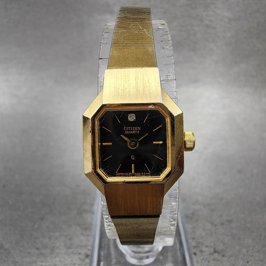 Citizen CQ Watch Women 17mm Black Dial Gold Tone Octagon 3220321634 New Batt0