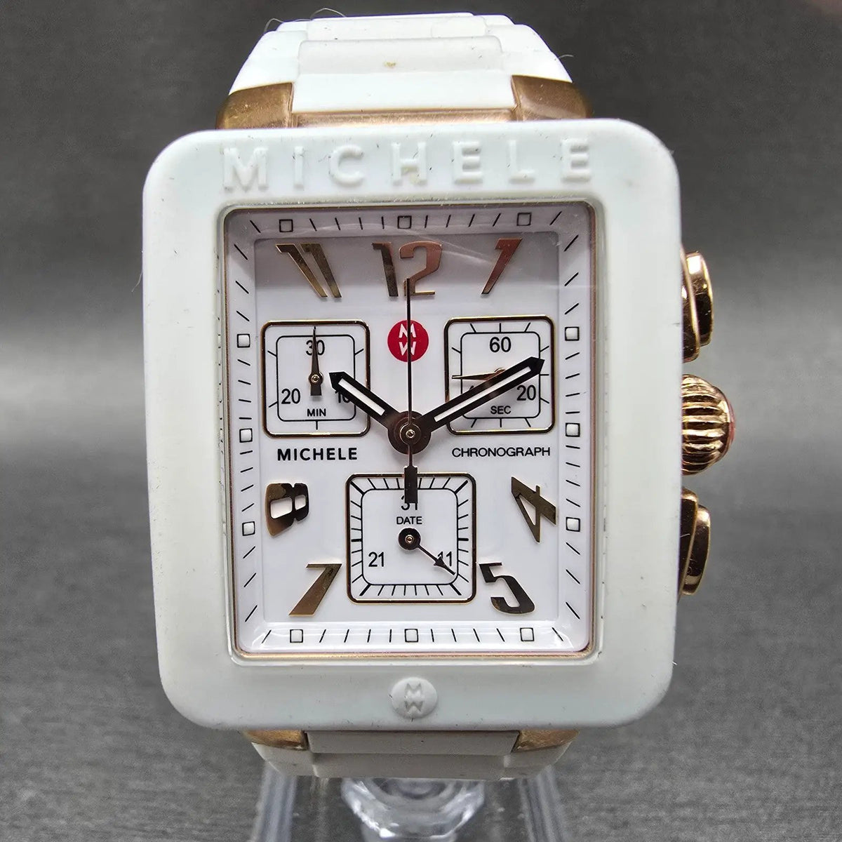 Michele Park Jelly Bean Chronograph Watch Women 33mm White Dial Rose Gold Works0